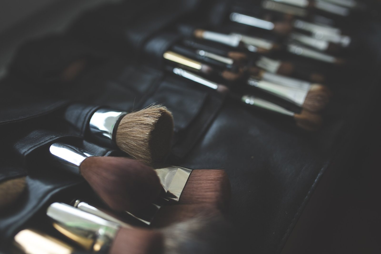 Makeup brushes laid in an open black roll, with bristles and metal ferrules visible